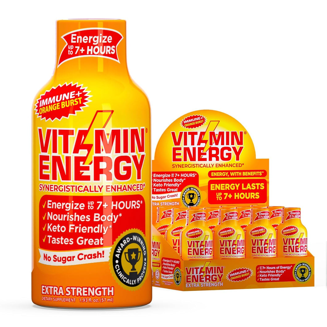 Bebida energética extrafuerte Vitamin Energy | Nutrientes naturales para energizar y reforzar el sistema inmunológico | Sin azúcar ni carbohidratos | Fórmula para la inmunidad | Hasta 7 horas de duración | Orange Burst - 1,93 fl oz - Paquete de 12 ln25