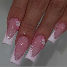 Cargar imagen en el visor de la galería, Foccna Uñas postizas largas con diamantes de imitación, color rosa, uñas negras, cuadradas, brillantes, 3D, con flores, uñas postizas, uñas artificiales a22 , manicura para mujeres y niñas, 24 unidades

