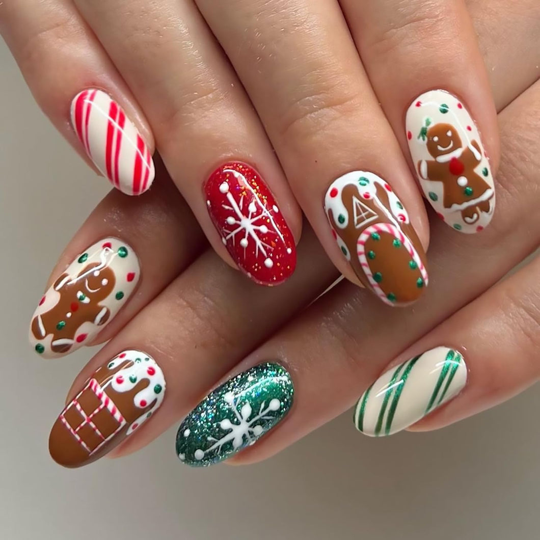 Uñas postizas a presión de Navidad, uñas postizas cortas ovaladas con hombre de jengibre, diseño de copos de nieve, caramelos, uñas postizas de Navidad, uñas postizas brillantes con  a22 pegamento en uñas