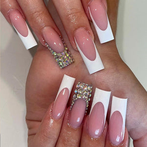 24 piezas de uñas postizas largas tipo ataúd CEWEWP blanco con punta francesa, uñas postizas de cobertura completa con diseños de diamantes de imitación, uñas con pegamento,a22 uñas postizas cuadradas