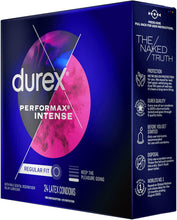 Cargar imagen en el visor de la galería, Condones de látex natural intenso de Durex Performax, ultra finos, corrugados, hechos con lubricante para retardar.
