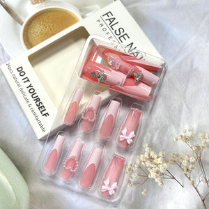 Uñas postizas a presión extra largas rosas francesas con diseño de planeta plateado y corazón de amor, diseño de perla, uñas postizas acrílicas artificiales,a22  uñas de pajarita, uñas de cobertura
