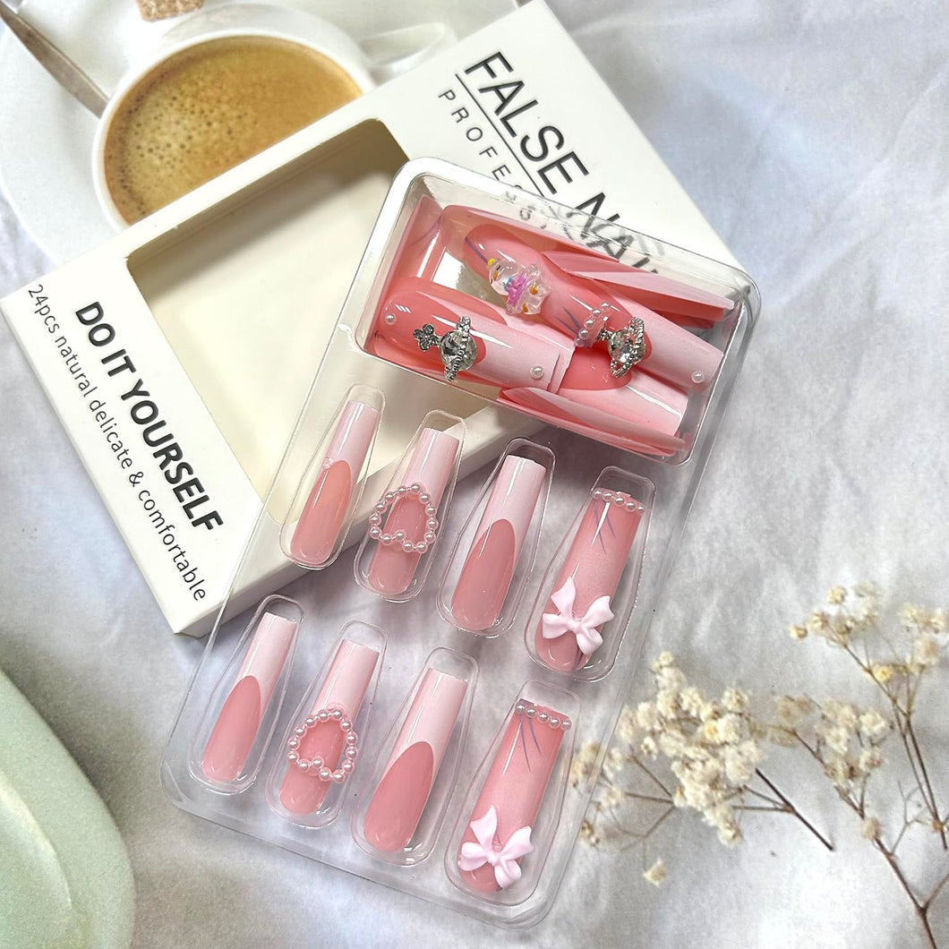 Uñas postizas a presión extra largas rosas francesas con diseño de planeta plateado y corazón de amor, diseño de perla, uñas postizas acrílicas artificiales,a22  uñas de pajarita, uñas de cobertura