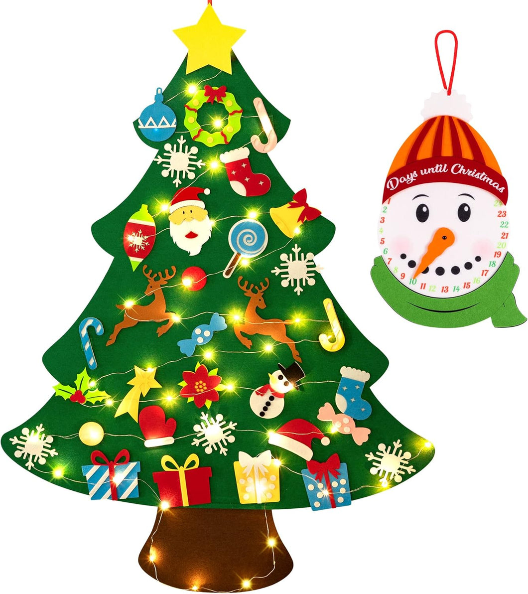 Juego de árbol de Navidad de fieltro iluminado de 3 pies con calendario de Adviento de muñeco de nieve, decoraciones de Navidad para colgar en la pared, 33 adornos para niños, regalo con tira de luz A19