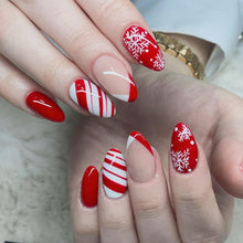 Cargar imagen en el visor de la galería, Uñas postizas a presión de Navidad, color almendra, medianas, 24 unidades, diseño de rayas rojas y blancas, uñas acrílicas artificiales para invierno, Navidad a22, uñas adhesivas con pegamento, 24
