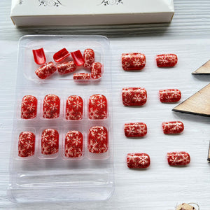 Uñas postizas a presión de Navidad, uñas postizas cuadradas cortas con diseños de copos de nieve, uñas postizas rojas navideñas, uñas con pegamento con purpurina, A22 uñas postizas de cobertura completa