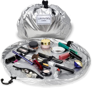 Organizador de maquillaje con cordón para viajes y uso diario con un diseño patentado y duradero, 20 pulgadas A22, plateado metálico