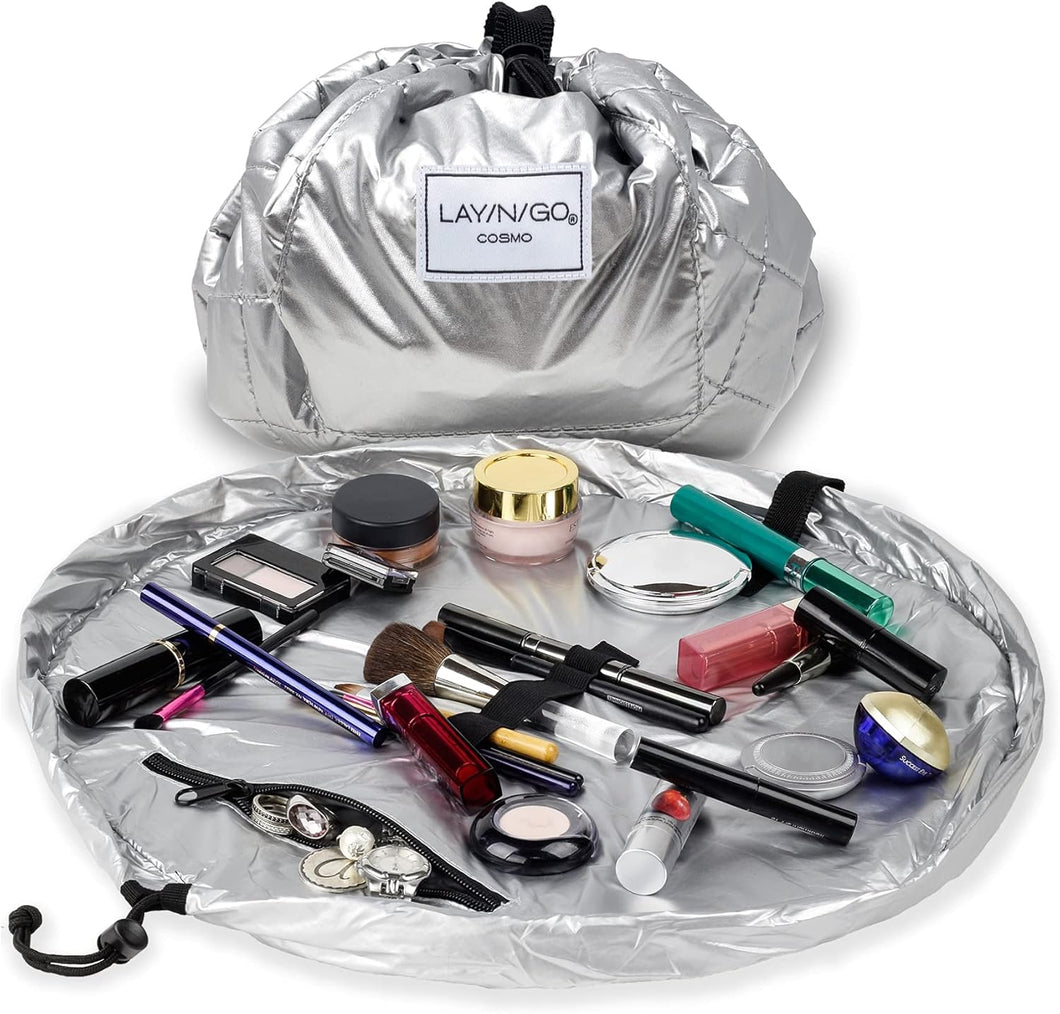 Organizador de maquillaje con cordón para viajes y uso diario con un diseño patentado y duradero, 20 pulgadas A22, plateado metálico