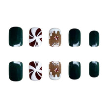Cargar imagen en el visor de la galería, Uñas postizas a presión de Navidad, uñas postizas cuadradas cortas con diseños de bastón de caramelo, uñas postizas verdes navideñas, uñas postizas brillantes con pegamento en uñas a22  de cobertura
