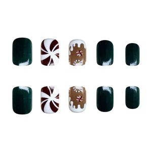 Uñas postizas a presión de Navidad, uñas postizas cuadradas cortas con diseños de bastón de caramelo, uñas postizas verdes navideñas, uñas postizas brillantes con pegamento en uñas a22  de cobertura