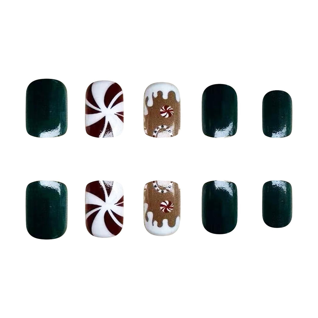 Uñas postizas a presión de Navidad, uñas postizas cuadradas cortas con diseños de bastón de caramelo, uñas postizas verdes navideñas, uñas postizas brillantes con pegamento en uñas a22  de cobertura