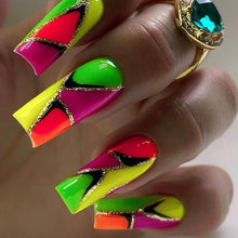 Cargar imagen en el visor de la galería, Uñas postizas a presión de larga duración, uñas acrílicas artificiales, uñas acrílicas artificiales, diseño de líneas de lámina dorada, uñas postizas francesas,a22  uñas cuadradas, cobertura completa,
