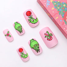 Cargar imagen en el visor de la galería, Uñas postizas a presión de Navidad, uñas postizas cuadradas cortas, color rosa, uñas postizas de invierno con divertido a22  diseños de monstruos de pelo verde,
