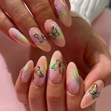 Cargar imagen en el visor de la galería, Uñas postizas con degradado amarillo fluorescente, uñas acrílicas artificiales de almendra, uñas a presión de almendra, diseño de líneas de mariposa coloridas medianas a22 , uñas postizas francesas

