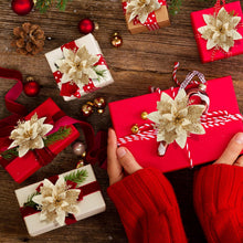 Cargar imagen en el visor de la galería, Flores de Pascua de Navidad – 12 piezas artificiales de flor de pascua roja dorada para árbol de Navidad, Año Nuevo, boda
