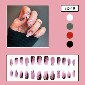 Uñas postizas a presión de Navidad, uñas postizas medianas de almendra con diseños de hojas de Navidad, uñas postizas de Navidad, uñas postizas brillantes A22 con pegamento de cobertura completa, uñas