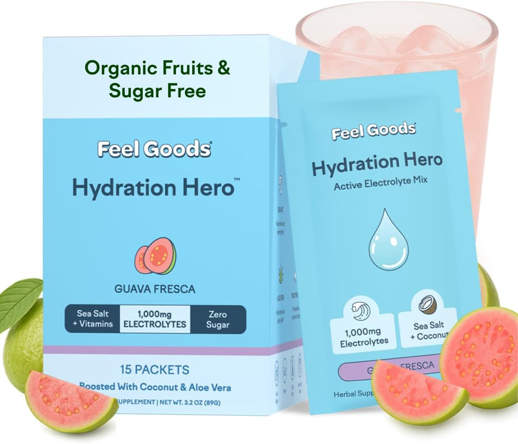 Feel Goods Hydration Hero, polvo de electrolitos de 1000 mg, sin azúcar, magnesio, agua de coco orgánica, L-teanina, vitamina C y B12, sin OGM, cetogénico, vegano, sobres de electrolitos | Guayaba fresca, 15 unidades ln25