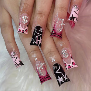 Uñas postizas a presión de pato hechas a mano, punta francesa, color rosa y negro, cobertura completa, con dije de dólar,a22  uñas postizas con diseños Y2K con pegamento brillante, uñas