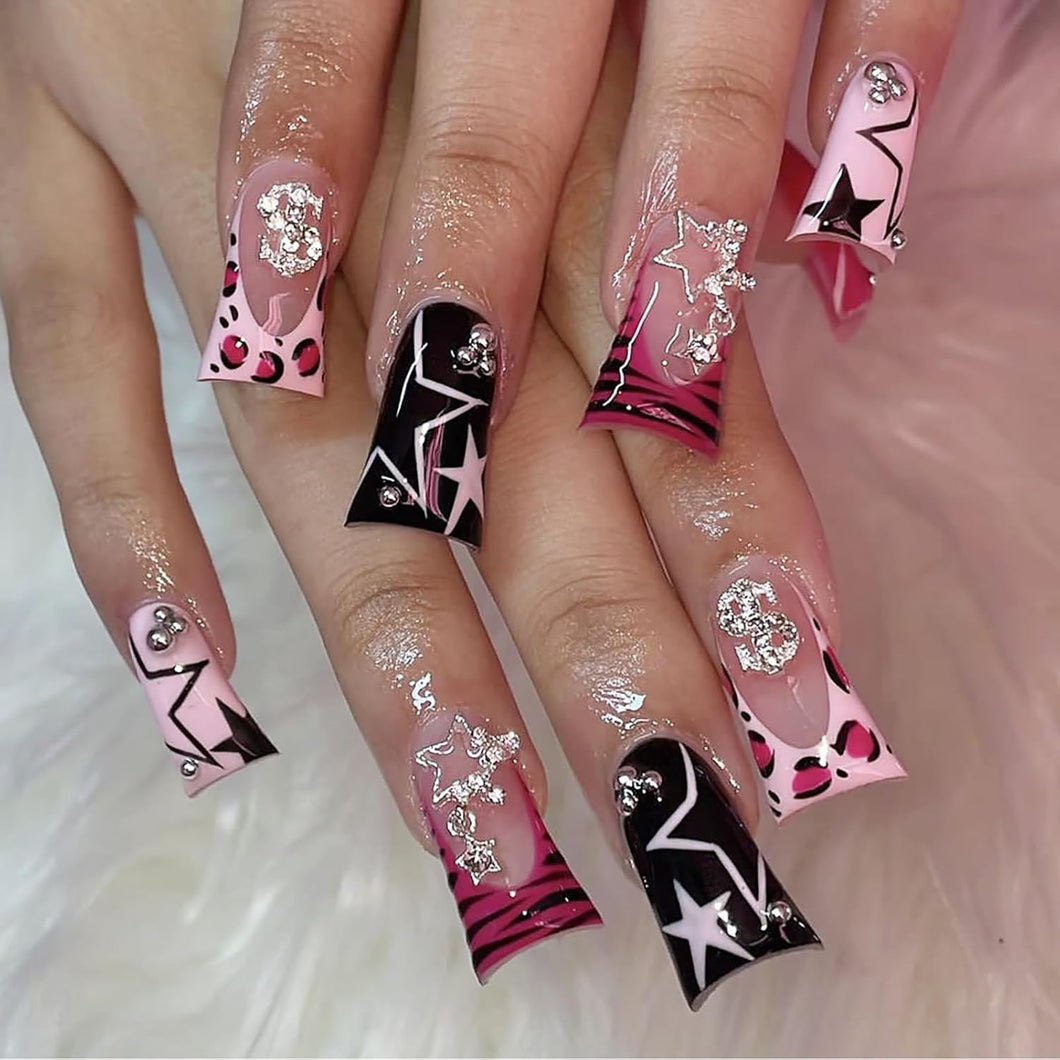 Uñas postizas a presión de pato hechas a mano, punta francesa, color rosa y negro, cobertura completa, con dije de dólar,a22  uñas postizas con diseños Y2K con pegamento brillante, uñas