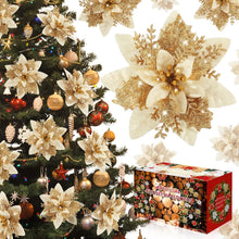 Cargar imagen en el visor de la galería, Flores de Pascua de Navidad – 12 piezas artificiales de flor de pascua roja dorada para árbol de Navidad, Año Nuevo, boda
