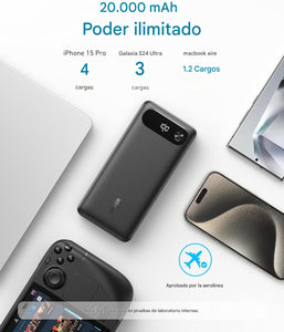 Anker Cargador portátil de 20.000 mAh con cable USB-C integrado, batería de carga rápida máxima de 87 W para laptop, 2 USB-C y 1 USB-A