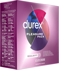 Durex - Paquete surtido de condones Pleasure, condones de látex de goma natural para hombres, ajuste regular