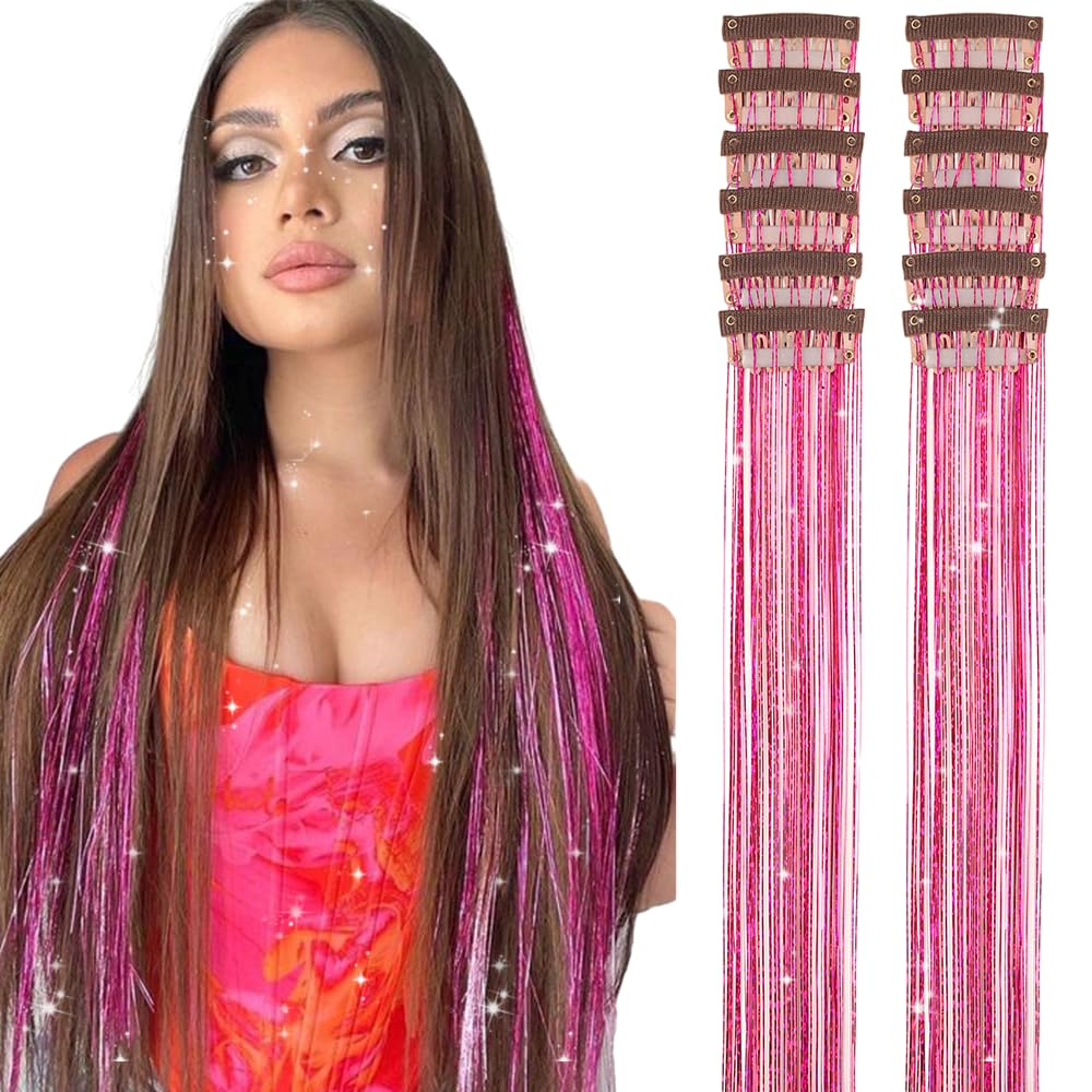 Paquete de 12 extensiones de cabello de oropel con clip de 20 pulgadas de oropel rojo rosa con purpurina,a21