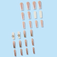 Cargar imagen en el visor de la galería, BABALAL Uñas postizas largas a presión, cuadradas, color blanco, nude, con pegamento, uñas acrílicas con purpurina dorada, diseño de diamantes de imitación de flores en 3D, uñas postizas a22  de primavera
