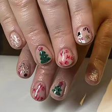 Cargar imagen en el visor de la galería, 24 uñas postizas cortas de Navidad con diseño de árbol de Navidad, copo de nieve, muñeco de nieve, alce, cubierta completa, acrílico, color nude, a22  uñas artificiales para mujeres y niñas, uñas acrílicas
