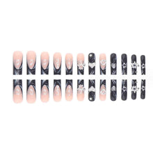 Cargar imagen en el visor de la galería, Foccna Uñas postizas largas con diamantes de imitación, color rosa, uñas negras, cuadradas, brillantes, 3D, flores, uñas postizas, uñas artificiales,a22  manicura para mujeres y niñas, 24 unidades (uñas
