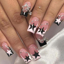 Cargar imagen en el visor de la galería, Uñas postizas cuadradas medianas con punta francesa negra y blanca con diseños de estrella Y2K, uñas acrílicas con pegamento brillante, cobertura completa,A22  manicura artificial para mujeres y niñas, 24
