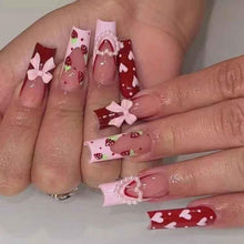 Cargar imagen en el visor de la galería, Foccna Uñas postizas largas con diamantes de imitación, color rosa, uñas negras, cuadradas, brillantes, 3D, con flores, uñas postizas, uñas artificiales,a22  manicura para mujeres y niñas, 24 unidades
