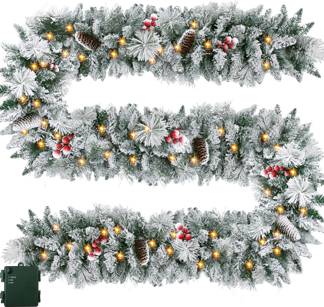 Guirnalda de Navidad con luces, guirnaldas de Navidad preiluminadas con temporizador, guirnaldas de Navidad iluminadas con 50 luces LED alimentadas por batería para interiores, fiestas al aire libre, A19