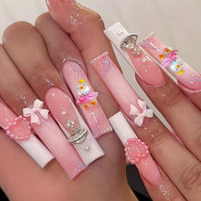 Cargar imagen en el visor de la galería, Uñas postizas a presión extra largas rosas francesas con diseño de planeta plateado y corazón de amor, diseño de perla, uñas postizas acrílicas artificiales,a22  uñas de pajarita, uñas de cobertura
