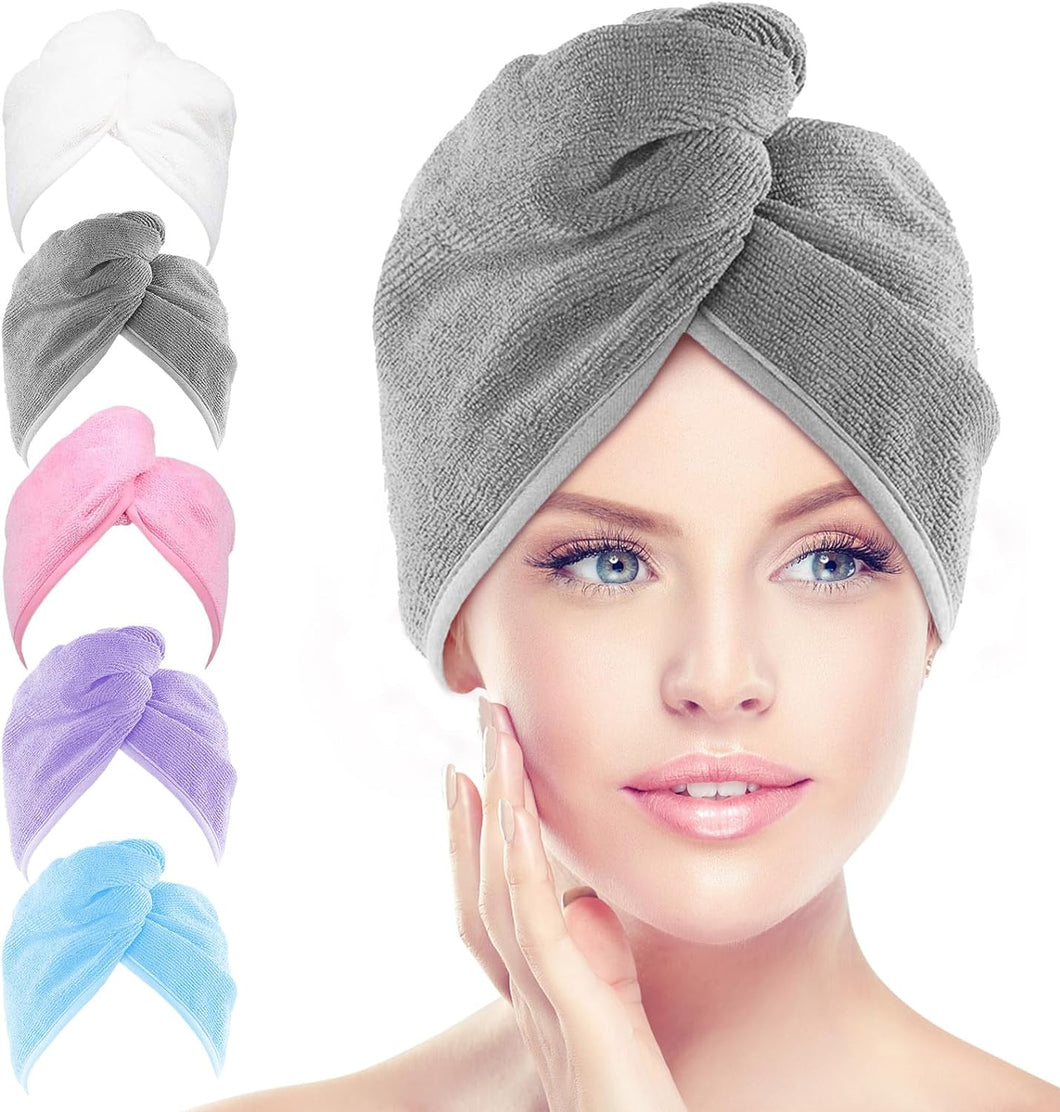 AIDEA Toalla de microfibra para el cabello, paquete de 5 turbantes para el cabello, súper absorbente, de secado rápido, para todo tipo de cabello, antiencrespamiento, accesorios para el cabello  A19