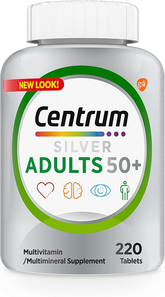 Centrum Multivitamínico plateado para adultos mayores de 50 años, sin gluten, sin OMG, apoya la memoria y la cognición