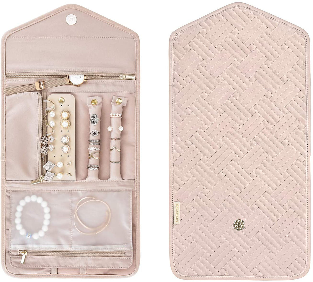 Organizador de joyas plegable de viaje para anillos, collares, pulseras, aretes, Poliéster Algodón, Rosado claro NDP-17
