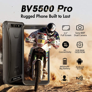 BV5500 Pro 4G - Teléfono móvil (resistente al agua, IP68, prueba de caídas, 5,5 pulgadas, 3 GB + 16 GB, Dual SIM, Android 9.0, 4400 mAh), color negro NDP-49
