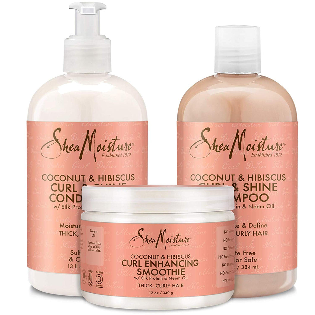 Set Shea Moisture de coco e hibisco, Champú  Acondicionador  y Crema realzadora de rizos NDP-33