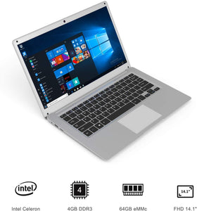 Winnovo - Ordenador portátil (14 pulgadas, Windows 10, Intel Celeron N3350, 4 GB de RAM, 64 GB de ROM, FHD IPS, 1920 x 1080, HDMI), color plateado  NDP-20