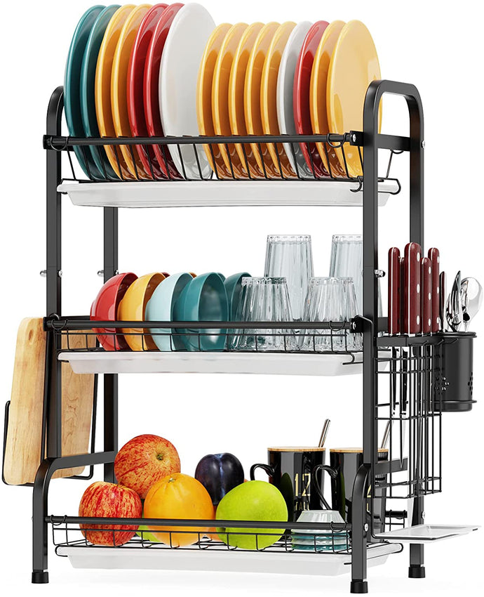 Dish Drying Rack, Warmfill 3 Tier Dish Rack Stainless Steel Large Capacity with Utensil Holder NDP 153