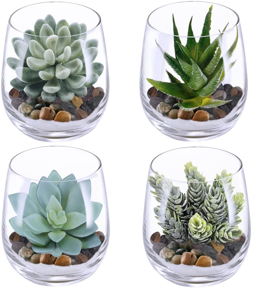Juego de 4 recipientes de cristal artificiales suculentas para terrario de Echeveria (4 suculentas artificiales  NDP 37