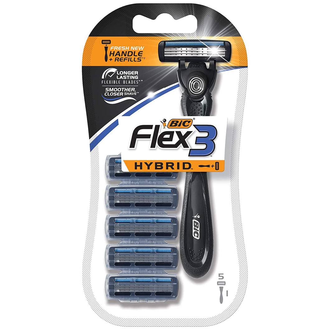 Maquinilla de afeitar desechable para hombres BIC Flex 3 Hybrid, 1 mango y 5 cartuchos NDP-45