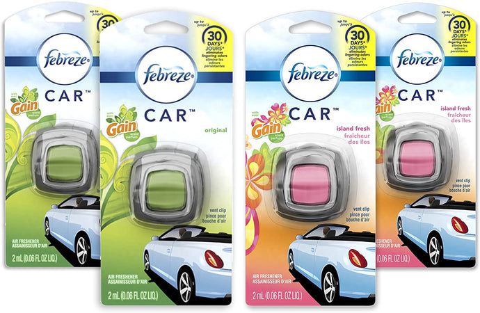 Febreze Ambientador para coche, 2 Gain Original y 2 Gain Island Fresh Aromas (4 unidades) NDP-86