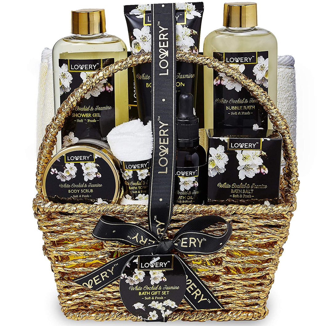 Cesta de regalo para baño y cuerpo para mujeres y hombres - Orquídea y jazmín 9 piezas NDP-25