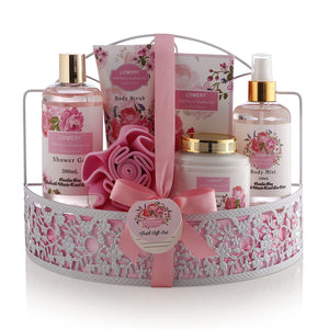 Canasta de regalo para spa - Aroma de hojas de rosas silvestres y frambuesa - Lujo 7 piezas NDP-15
