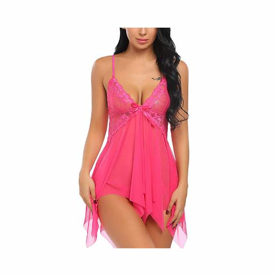 Avidlove - Lencería de encaje para mujer con cuello en V Rosa rojo NDP-74