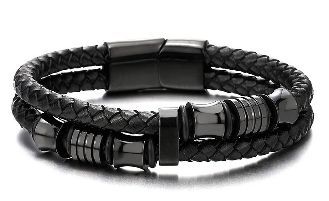 Pulsera de cuero trenzado negro de doble fila para hombre NDP-10
