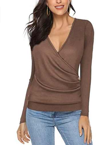 Mujer Waffle Knit Botones Envuelven Cuello V Manga Larga NDP68