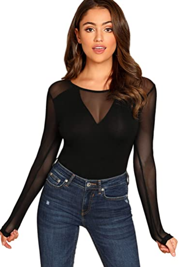 ROMWE Blusa de manga larga de malla transparente Negra NDP59